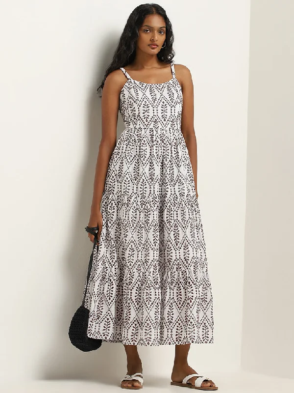 Fresh And Elegant LOV Off-White Schiffli Detailed Tiered Cotton Dress