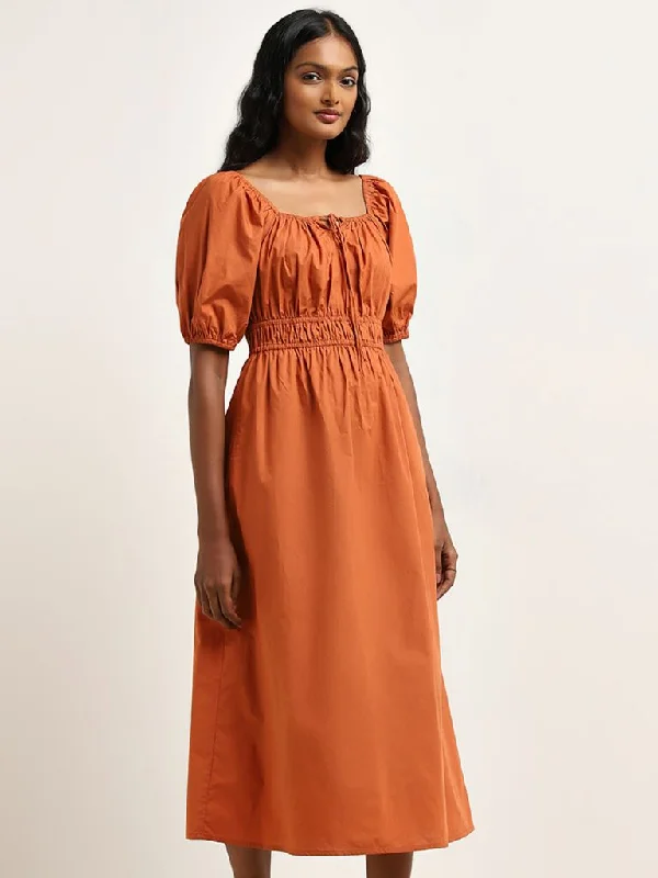 Elegant Design LOV Rust Smocked A-Line Cotton Dress