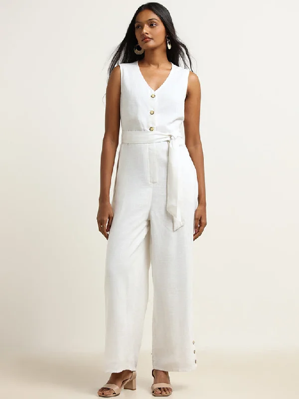 Comfortable down LOV White Blended Linen Jumpsuit with Belt