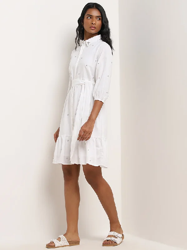 Cozy Chic LOV White Diamante Design Shirt Cotton Dress with Belt