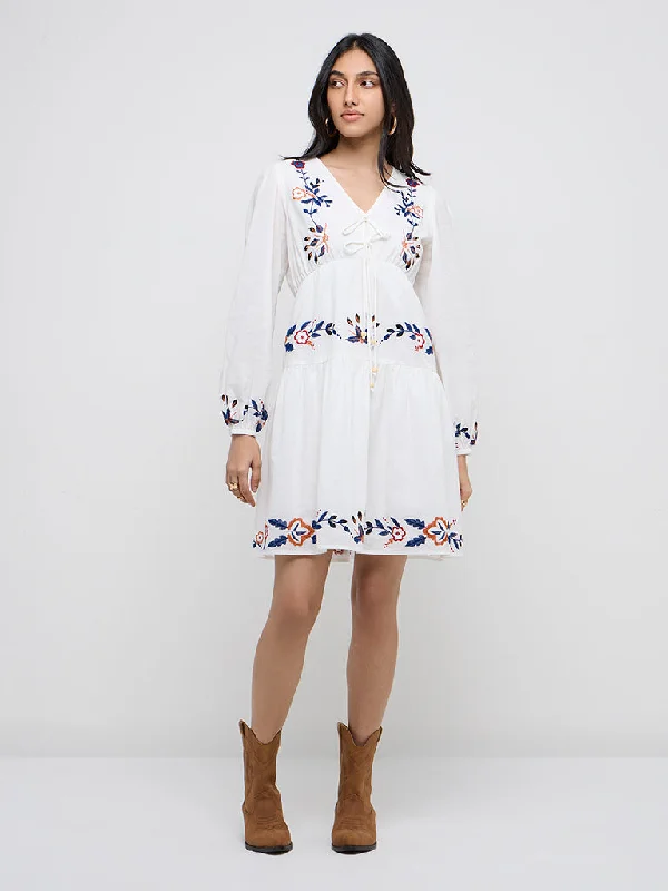 Sports And Leisure LOV White Embroidered Cotton A-Line Dress