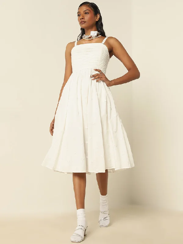 LOV White Pleated Cotton A-Line Dress