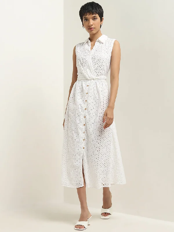 Slightly Flared Design LOV White Schiffli Design A-Line Dress