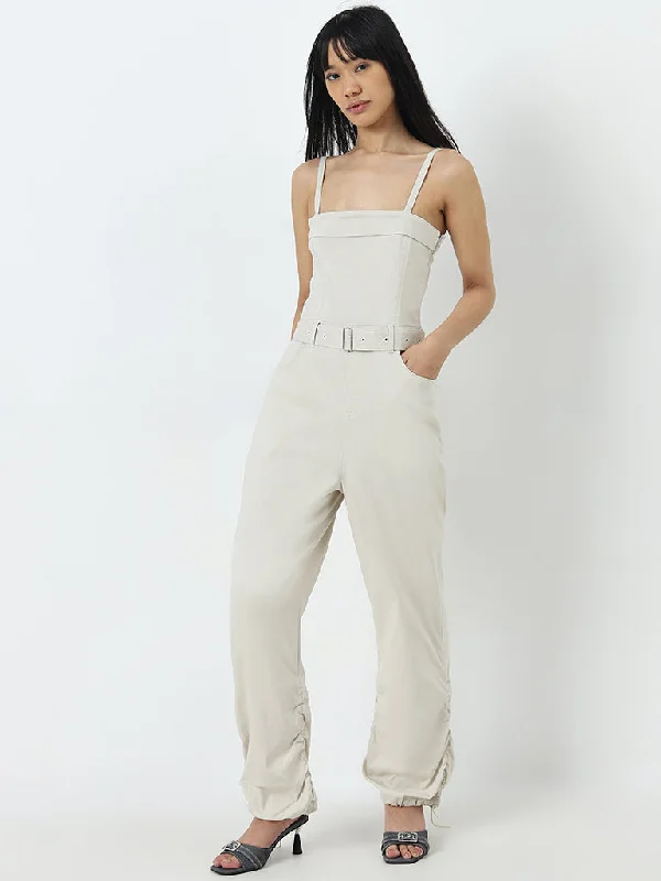 Comfortable Chic Nuon Beige Solid Jumpsuit With Belt