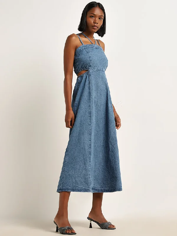 Low-key Luxury Nuon Blue Cut-Out Detailed Straight Denim Dress