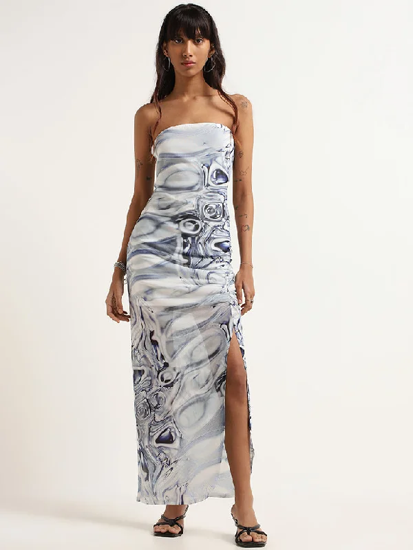 Nuon Blue Marble Print Strapless Dress