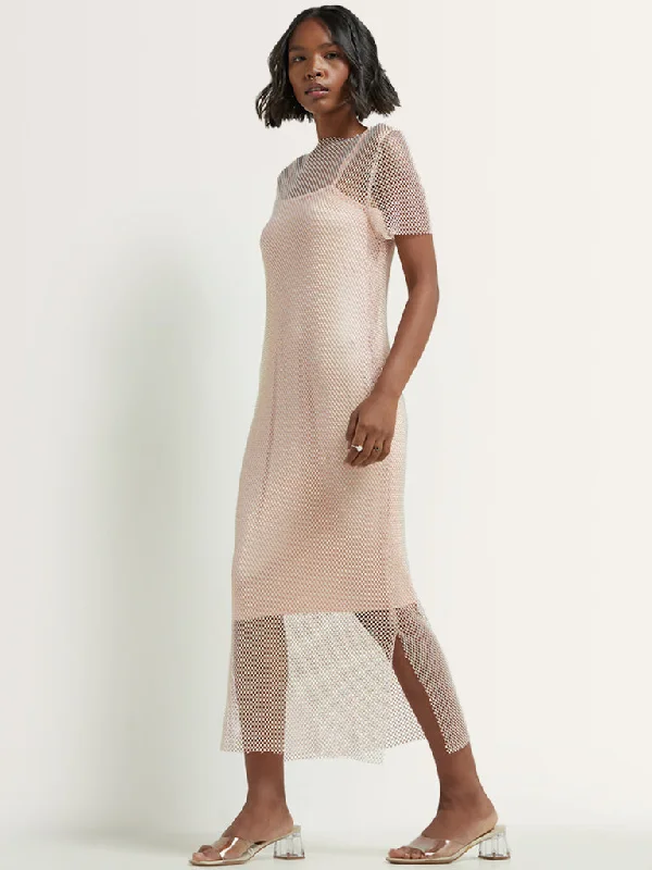 Nuon Light Pink Mesh Embellished Straight Dress with Inner