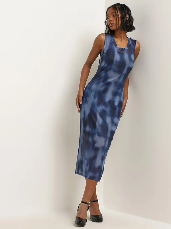 All-Day Wear Nuon Navy Tie-Dye Patterned Mesh Bodycon Dress