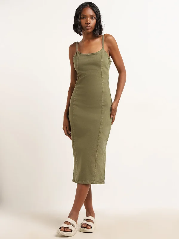 Fresh And Natural Nuon Olive Bodycon Denim Dress