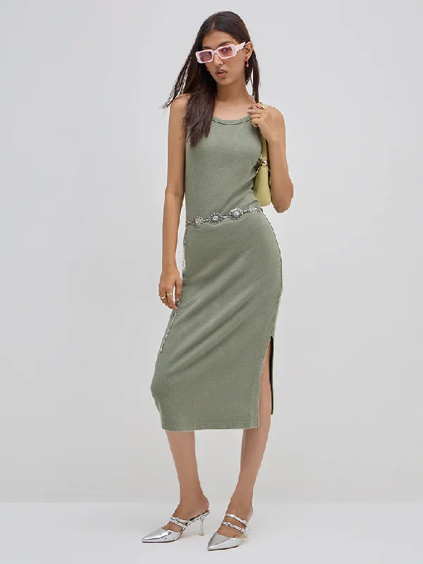 Sweet Girl Nuon Olive Ribbed Textured Cotton Bodycon Dress