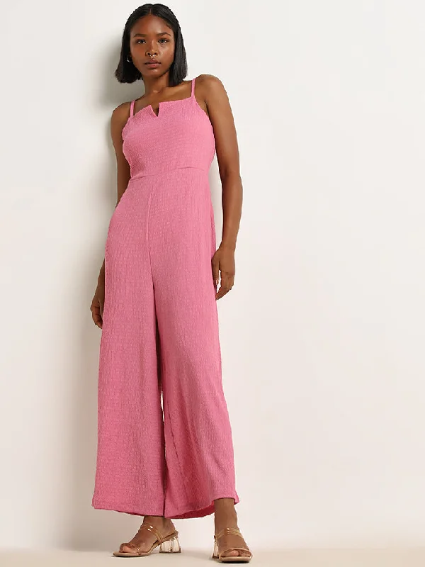 Relaxed Looks Nuon Pink Crinkle Textured Cut-Out Jumpsuit
