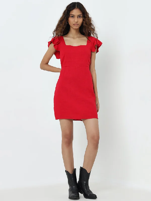 Nuon Red Knot-Detailed A-Line Cotton Dress