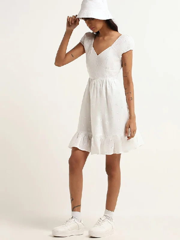 Fashion Wear Nuon White Schiffli Cotton A-Line Dress