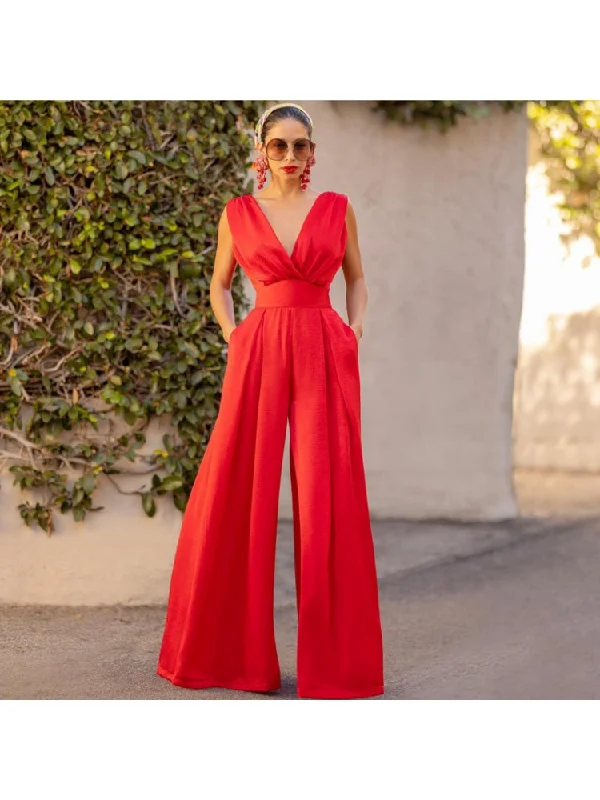 Pure Color Wide Leg Sleeveless Jumpsuits