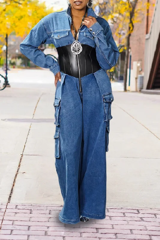 Retro Pocket Denim Paneled Zippered Jumpsuit