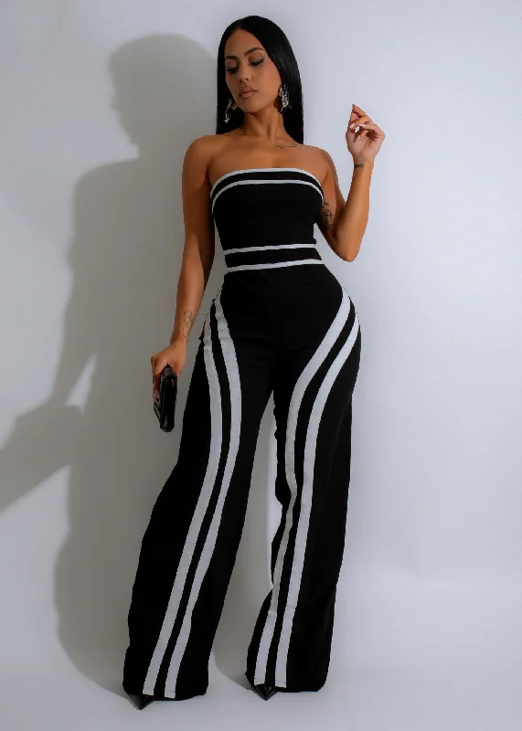Luxury Temperament Retro Racer Stripes Jumpsuit Black