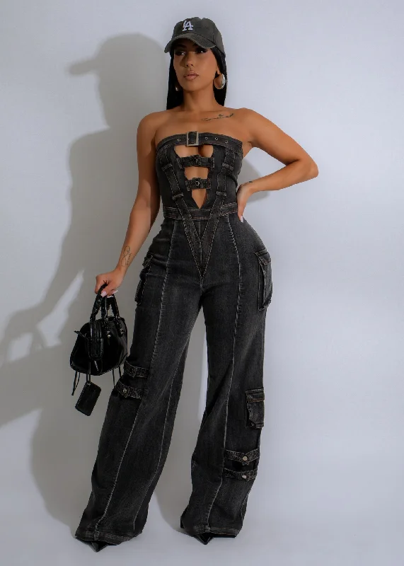 Street Charm Steel Rebel Cargo Denim Jumpsuit Black