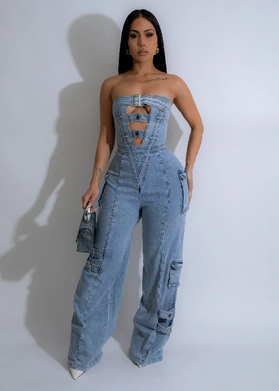 Mid-length Style Steel Rebel Cargo Jumpsuit Light Denim