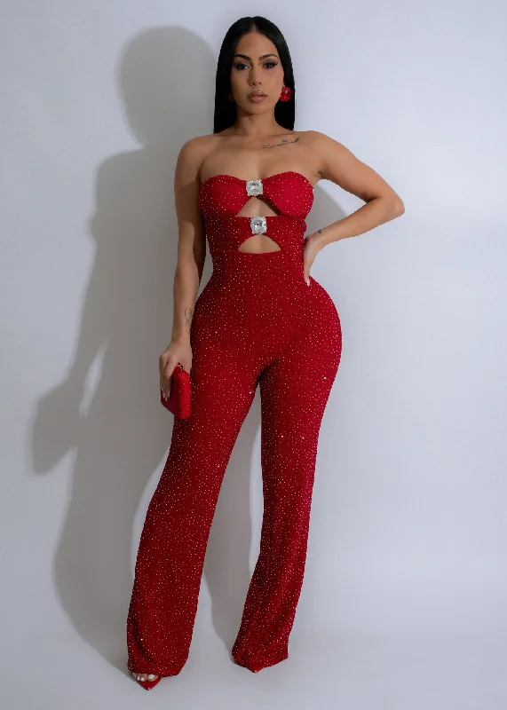 Cozy Street Style Stellar Gaze Rhinestones Jumpsuit Red