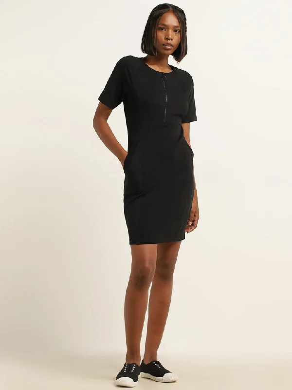Luxe Comfort Studiofit Black Ribbed Bodycon Cotton Blend Dress