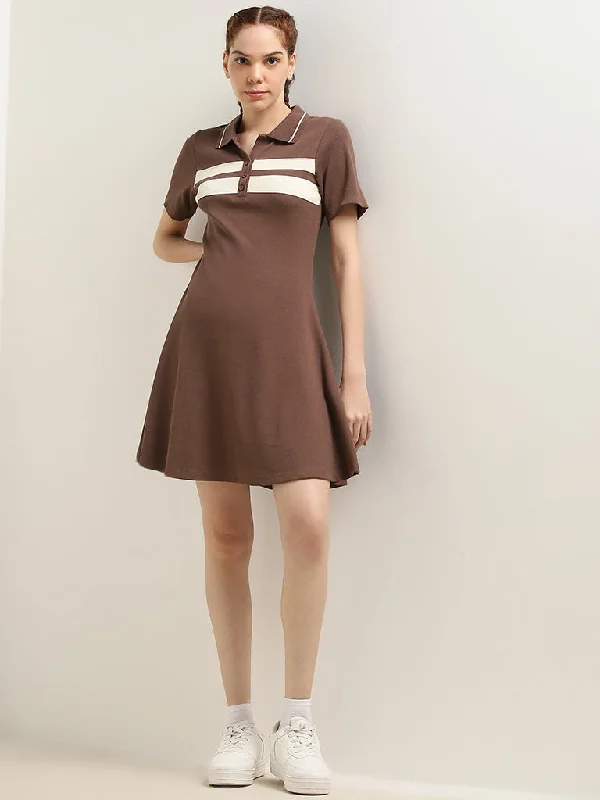 Soft Fabric Looks Studiofit Brown Ribbed-Textured Skater Cotton Blend Dress