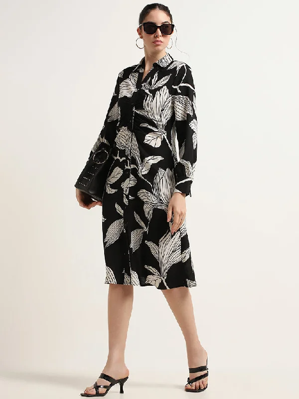 Trendy Items Wardrobe Black Printed Polyester Shirt Dress
