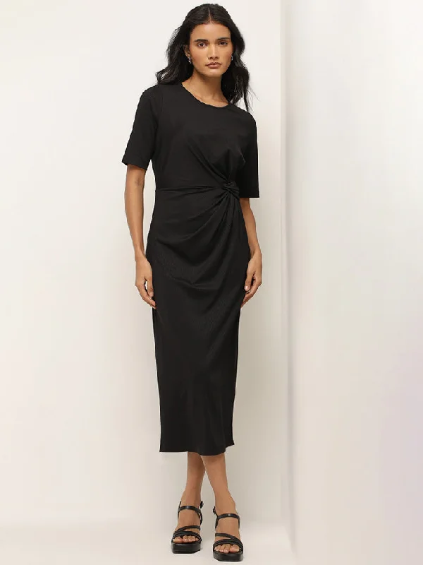 European And American Style Wardrobe Black Twist Design Ribbed Straight Dress