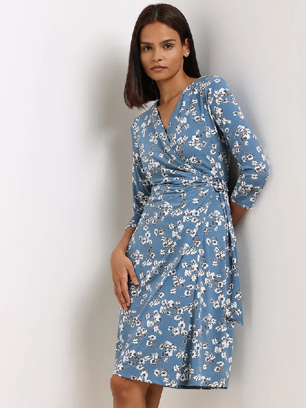 Classic Color Wardrobe Blue Floral Wrap Dress