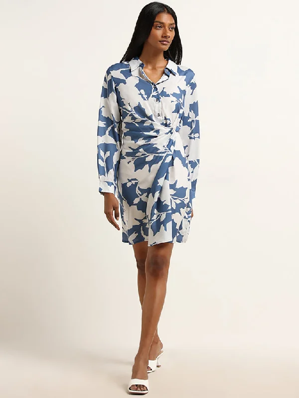 Fashionable Items Wardrobe Blue Floral Wrap Shirt Dress