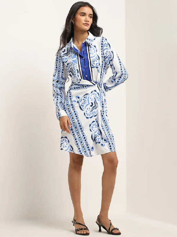 New Design Wardrobe Blue Printed Shirt Dress