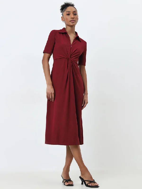 Retro Design Wardrobe Burgundy Ribbed A-Line Dress
