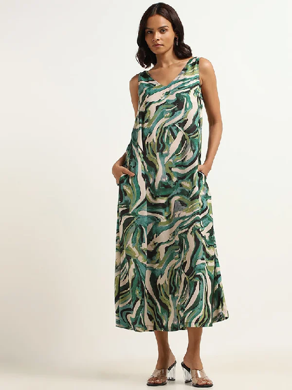 Unique Fashion Wardrobe Green Abstract Print Midi Dress