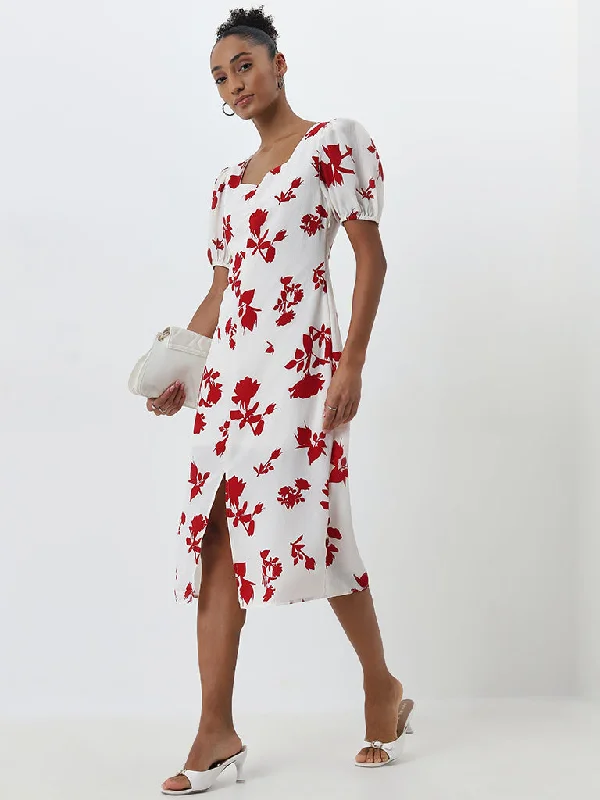 Multifunctional Style Wardrobe Ivory Floral Printed A-Line Dress