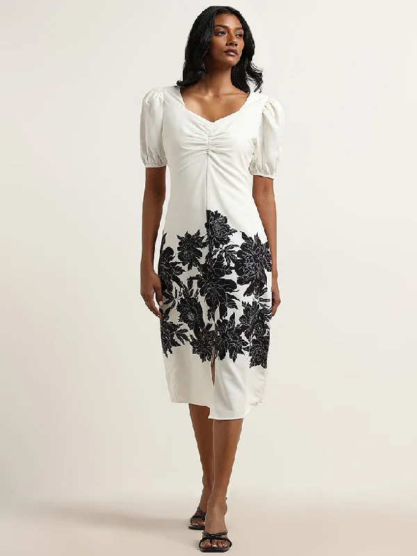 Cozy Essentials Wardrobe Ivory Floral Printed Straight Dress