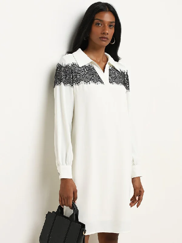Sports Style Wardrobe Ivory Lace-Detailed Shirt Dress