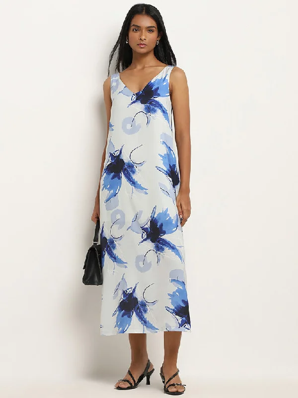 Floral Prints Wardrobe Ivory & Navy Abstract Printed Straight Dress