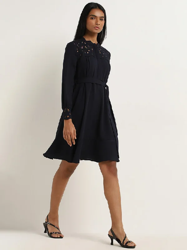 Unique Design Wardrobe Navy Embroidered A-Line Dress with Belt
