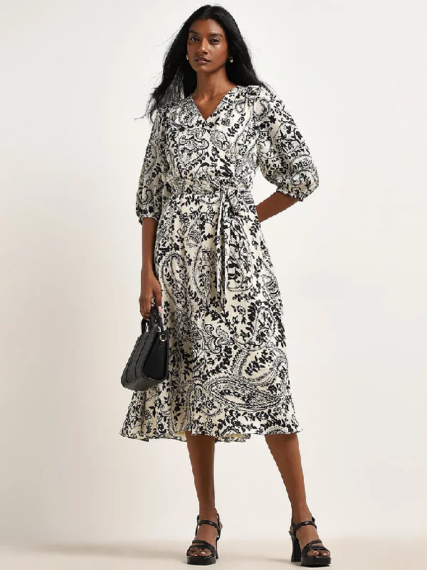 French Retro Wardrobe Off-White Paisley Printed Wrap Dress