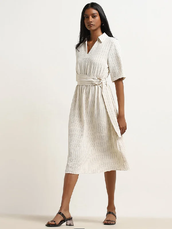 Timeless Style Wardrobe Off-White Pinstriped Shirt Dress with Belt