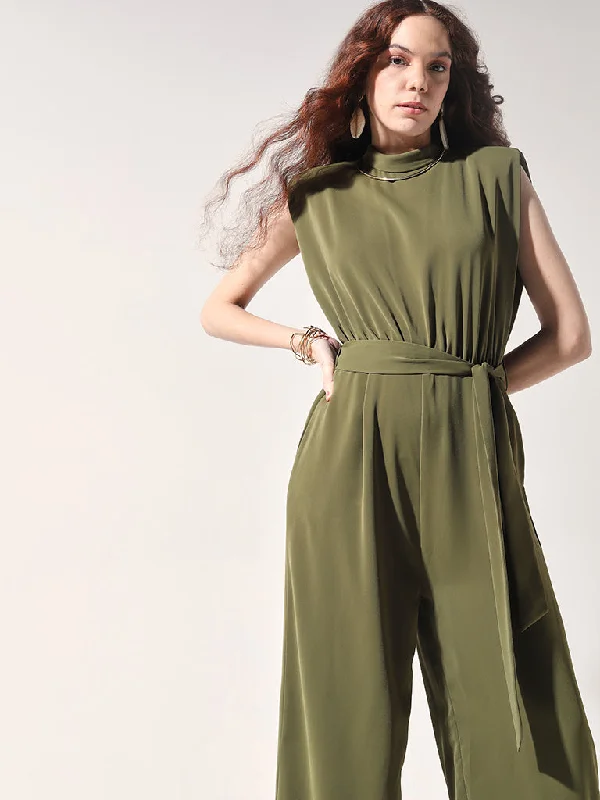 Smart Comfort Wardrobe Olive Solid Jumpsuit with Belt