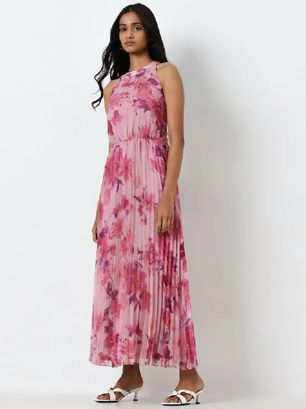 Sweet Style Wardrobe Pink Floral Pleated A-Line Dress