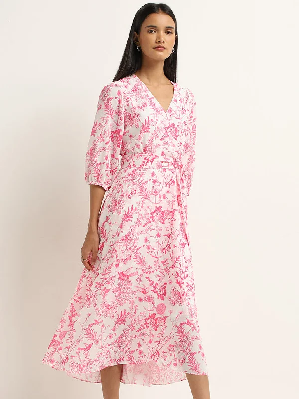 Integrated Design Wardrobe Pink Floral Printed A-Line Dress with Belt