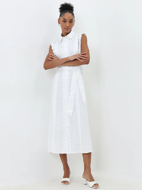 Wardrobe White Scallop-Design A-Line Cotton Dress with Belt