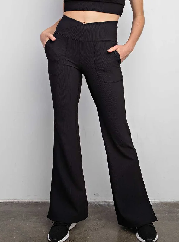 Carefree Rae Mode Women's Nylon Rib V-Waist Crossover Flared Leggings - Black