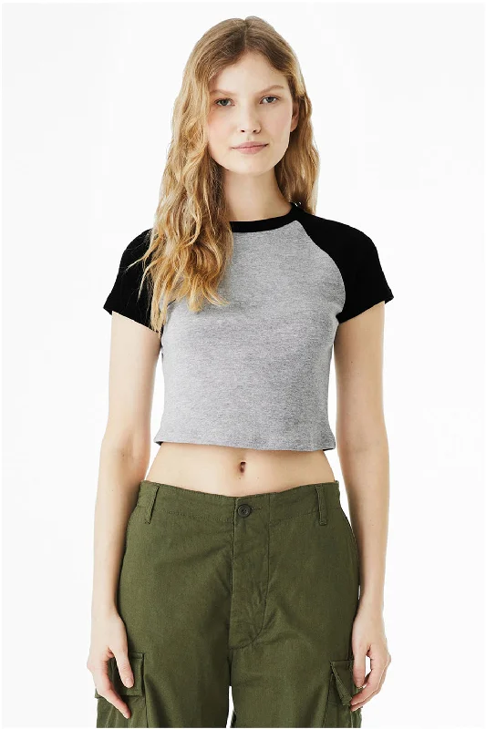 Loose Fit Bella + Canvas Womens Micro Ribbed Raglan Short Sleeve Crewneck Baby T-Shirt - Heather Grey/Black