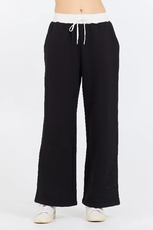 Fashionable And Versatile Black/ White Essential Fleece Pant W/ Poplin Waist