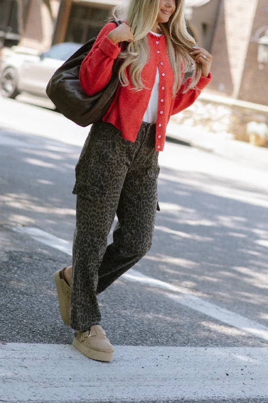 Fashionable Comfort Cheetah Print Cargo Pants-Brown