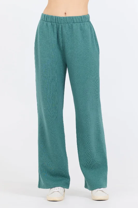 Classic And Versatile College Green Cotton Blend Fleece Wide Leg Pant
