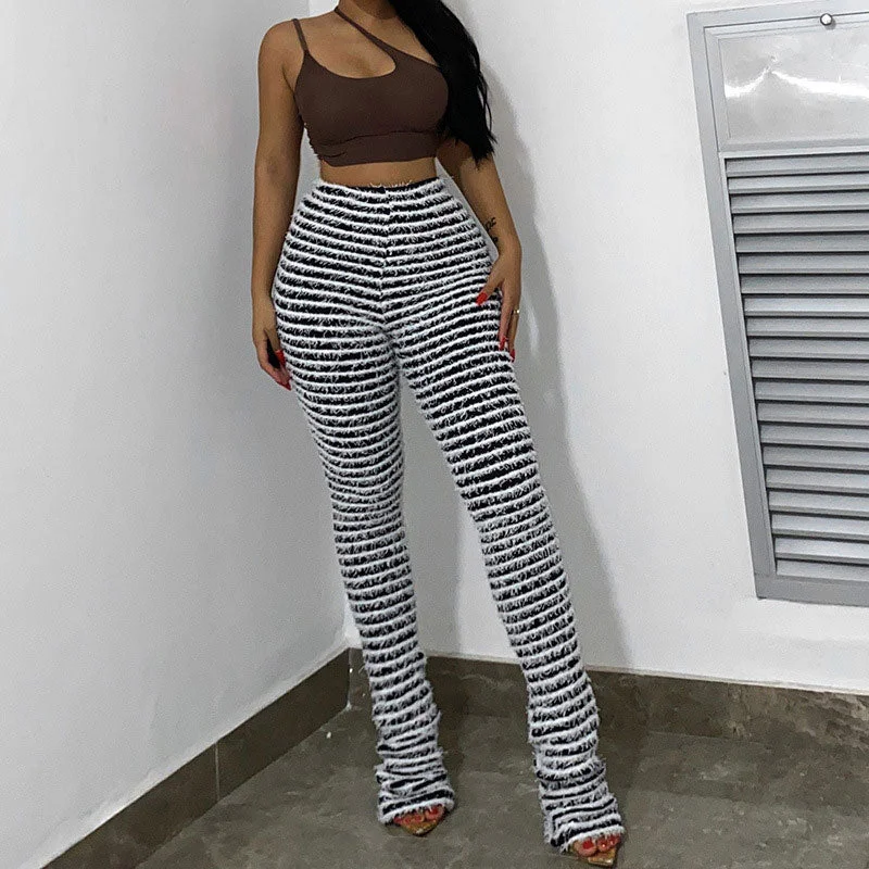 Soft Fashion Contrast Black and White Striped Eyelash Knit High Rise Fitted Elongator Pants