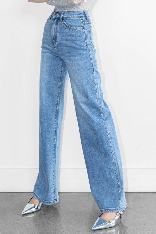 Fashion Comfort Studded Wide Leg Jeans